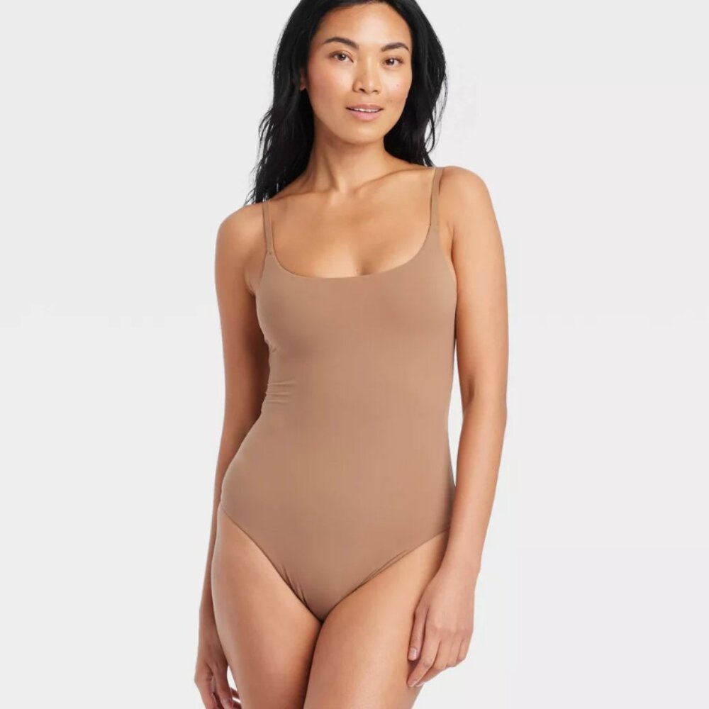 Auden Women's L Brown 4-Way Stretch Cami Bodysuit Adjustable Straps Scoop Neck